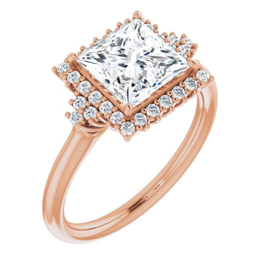 10K Rose Gold Customizable Princess/Square Cut Cathedral-Halo Design with Tri-Cluster Round Accents