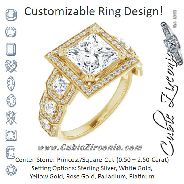 Cubic Zirconia Engagement Ring- The Carmela (Customizable Cathedral-Halo Princess/Square Cut Design with Six Halo-surrounded Asscher Cut Accents and Ultra-wide Band)