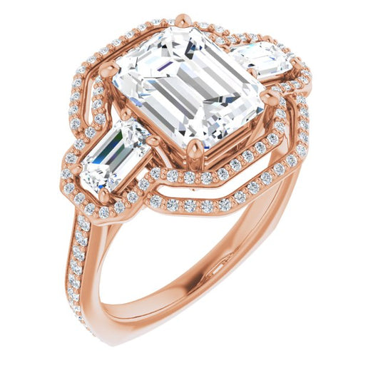 10K Rose Gold Customizable Enhanced 3-stone Style with Emerald/Radiant Cut Center, Emerald Cut Accents, Double Halo and Thin Shared Prong Band