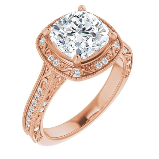 10K Rose Gold Customizable Vintage Artisan Cushion Cut Design with 3-Sided Filigree and Side Inlay Accent Enhancements