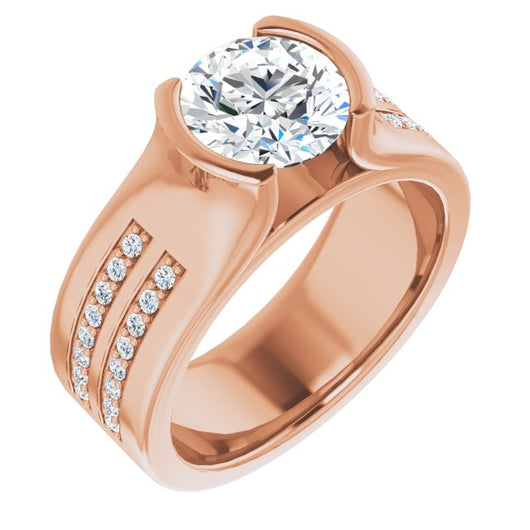 10K Rose Gold Customizable Bezel-set Round Cut Design with Thick Band featuring Double-Row Shared Prong Accents