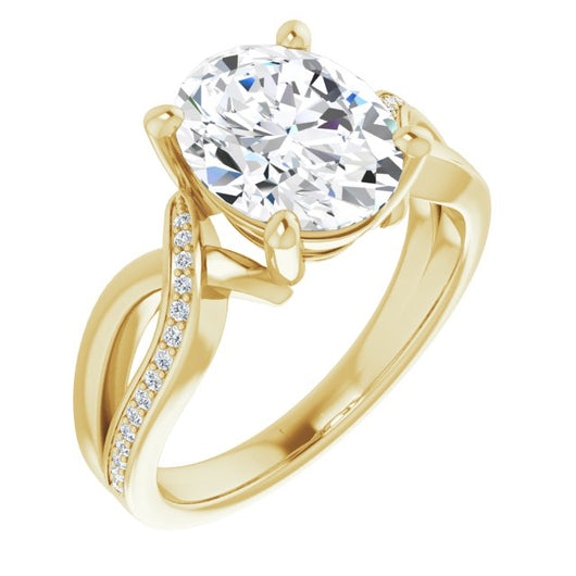 10K Yellow Gold Customizable Oval Cut Center with Curving Split-Band featuring One Shared Prong Leg