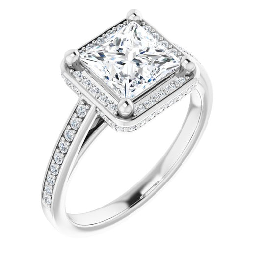 10K White Gold Customizable Cathedral-Halo Princess/Square Cut Design with Under-halo & Shared Prong Band