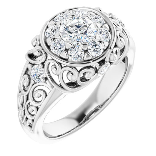 10K White Gold Customizable Round Cut Halo Style with Round Prong Side Stones and Intricate Metalwork