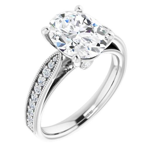 10K White Gold Customizable Oval Cut Style featuring Milgrained Shared Prong Band & Dual Peekaboos