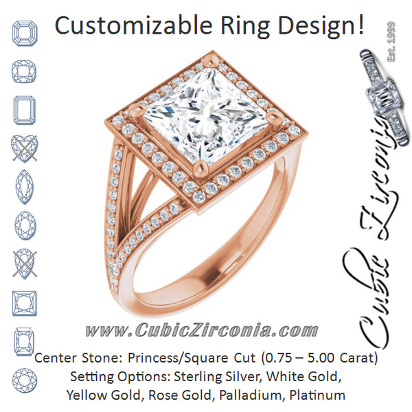 Cubic Zirconia Engagement Ring- The Heather Erin (Customizable Cathedral-Halo Princess/Square Cut Style featuring Split-Shared Prong Band)