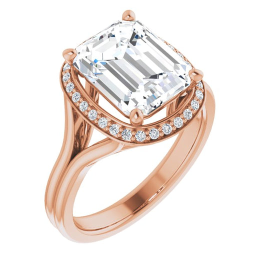 10K Rose Gold Customizable Cathedral-set Emerald/Radiant Cut Design with Split-band & Halo Accents