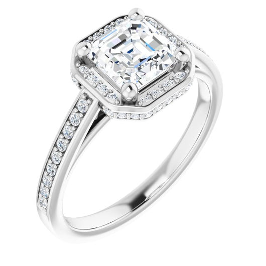 10K White Gold Customizable Cathedral-Halo Asscher Cut Design with Under-halo & Shared Prong Band