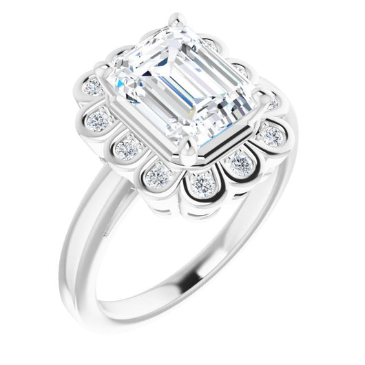 10K White Gold Customizable 9-stone Emerald/Radiant Cut Design with Round Bezel Side Stones