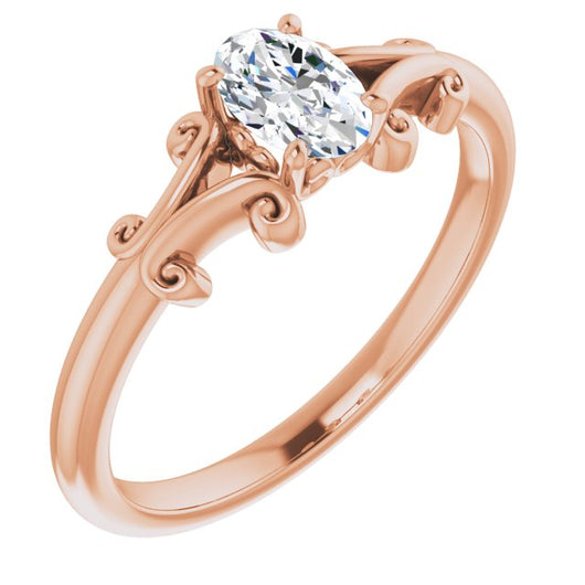 10K Rose Gold Customizable Oval Cut Solitaire with Band Flourish and Decorative Trellis