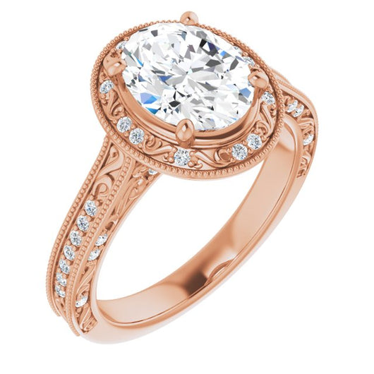 10K Rose Gold Customizable Vintage Artisan Oval Cut Design with 3-Sided Filigree and Side Inlay Accent Enhancements