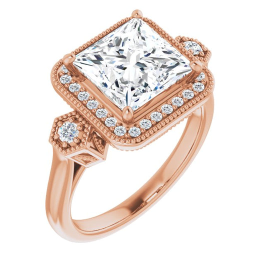 10K Rose Gold Customizable Cathedral Princess/Square Cut Design with Halo and Delicate Milgrain