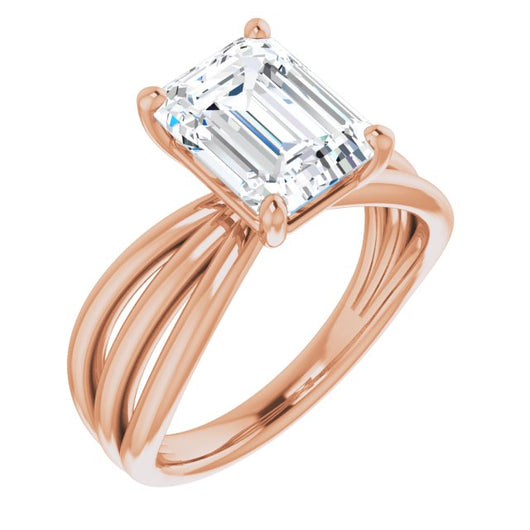 10K Rose Gold Customizable Emerald/Radiant Cut Solitaire Design with Wide, Ribboned Split-band