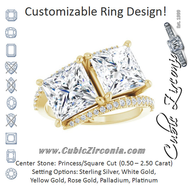 Cubic Zirconia Engagement Ring- The Nellie (Customizable Double Princess/Square Cut 2-stone Design with Ultra-thin Bypass Band and Pavé Enhancement)