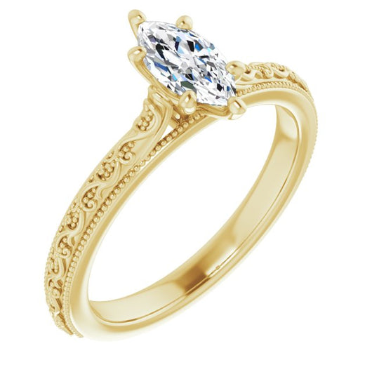 10K Yellow Gold Customizable Marquise Cut Solitaire with Delicate Milgrain Filigree Band