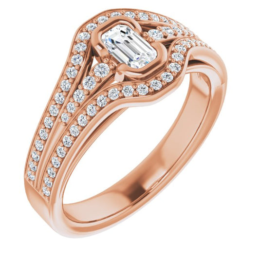 10K Rose Gold Customizable Cathedral-Bezel Emerald/Radiant Cut Design with Wide Triple-Split-Pavé Band