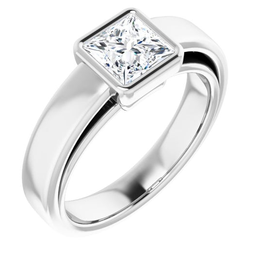 10K White Gold Customizable Cathedral-Bezel Princess/Square Cut Solitaire with Wide Band