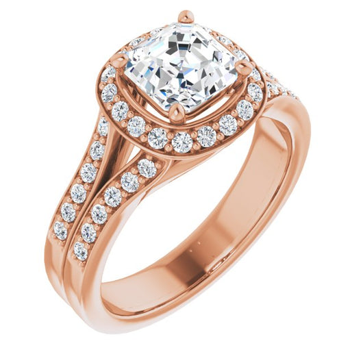 10K Rose Gold Customizable Asscher Cut Halo Style with Accented Split-Band