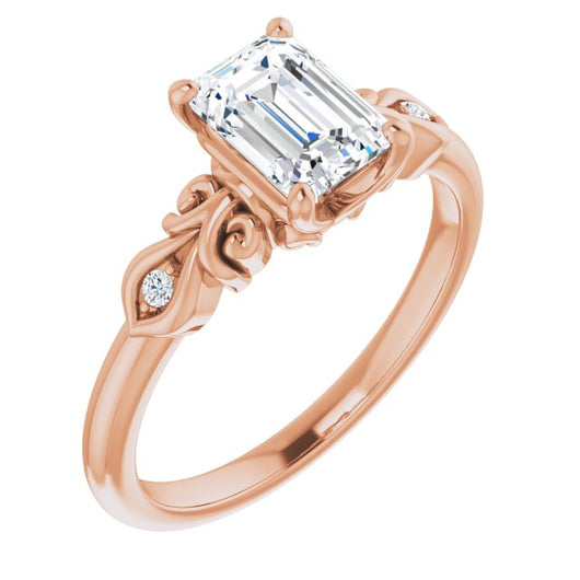 10K Rose Gold Customizable 3-stone Emerald/Radiant Cut Design with Small Round Accents and Filigree