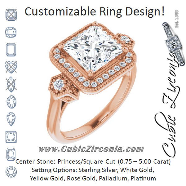 Cubic Zirconia Engagement Ring- The Pacifica (Customizable Cathedral Princess/Square Cut Design with Halo and Delicate Milgrain)