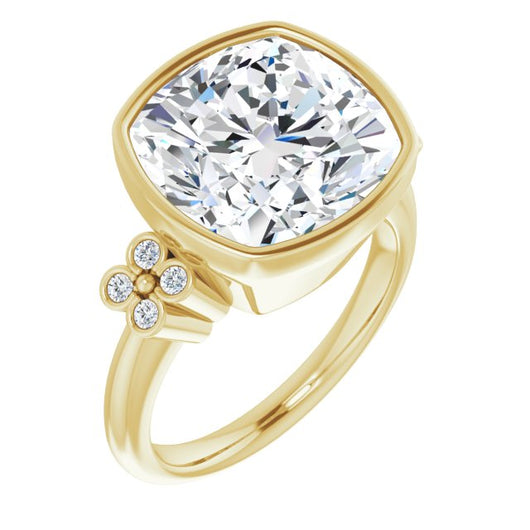 10K Yellow Gold Customizable 9-stone Bezel-set Cushion Cut Design with Quad Round Bezel Side Stones Each Side