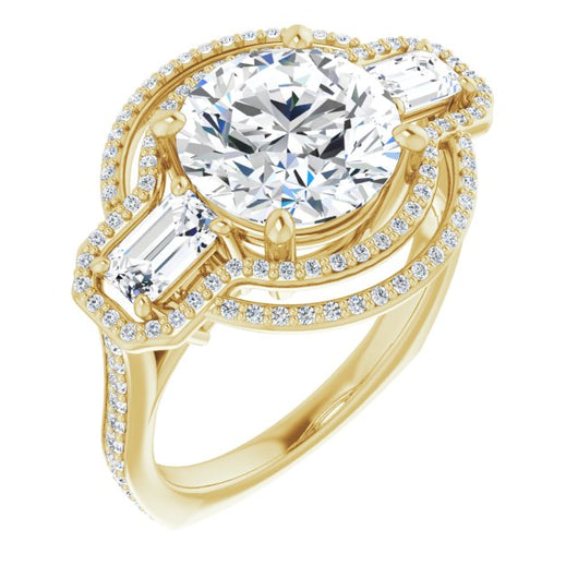 10K Yellow Gold Customizable Enhanced 3-stone Style with Round Cut Center, Emerald Cut Accents, Double Halo and Thin Shared Prong Band