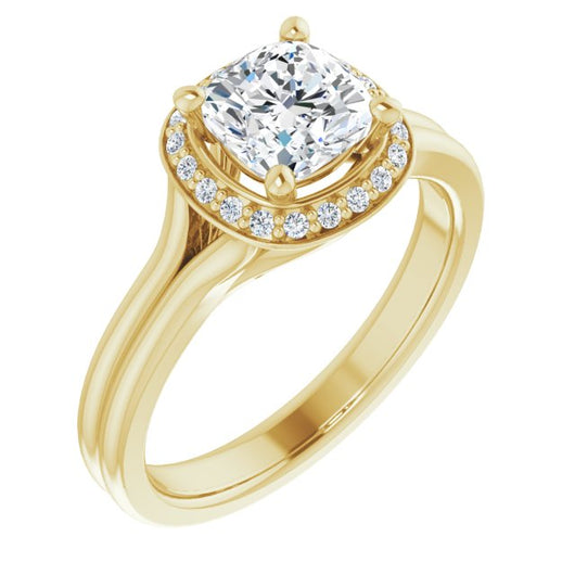 10K Yellow Gold Customizable Cathedral-set Cushion Cut Design with Split-band & Halo Accents