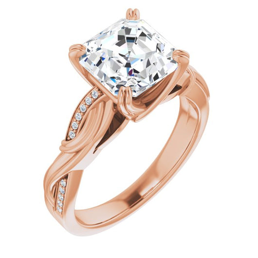 10K Rose Gold Customizable Cathedral-raised Asscher Cut Design featuring Rope-Braided Half-Pavé Band