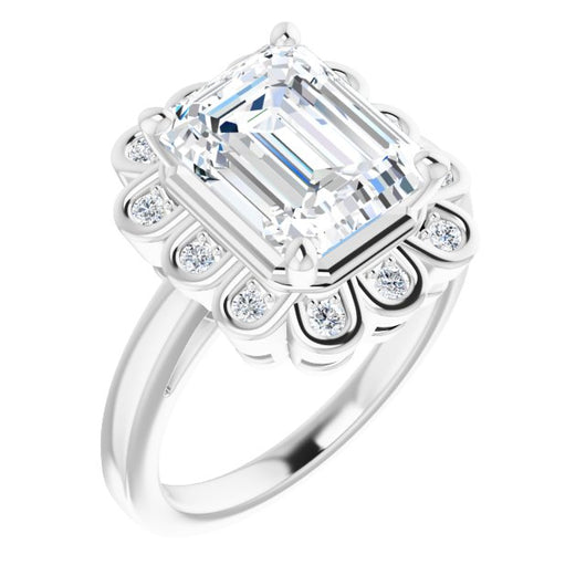 10K White Gold Customizable 9-stone Emerald/Radiant Cut Design with Round Bezel Side Stones