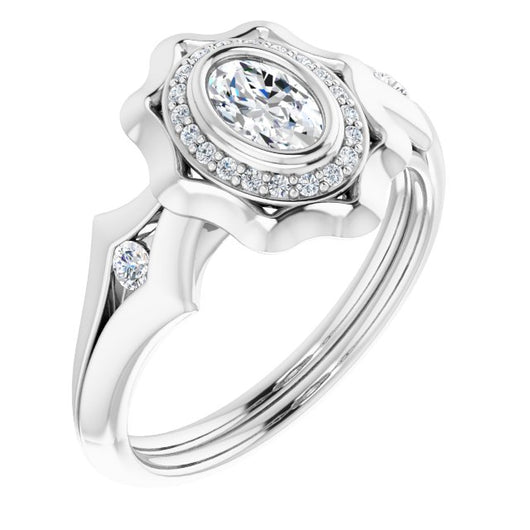 10K White Gold Customizable Bezel-set Oval Cut with Halo & Oversized Floral Design