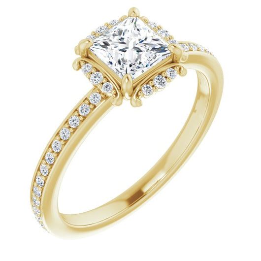 10K Yellow Gold Customizable Princess/Square Cut Style with Halo and Thin Shared Prong Band