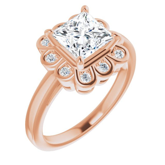 10K Rose Gold Customizable 9-stone Princess/Square Cut Design with Round Bezel Side Stones