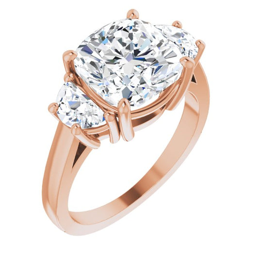 10K Rose Gold Customizable 3-stone Design with Cushion Cut Center and Half-moon Side Stones