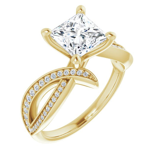 10K Yellow Gold Customizable Princess/Square Cut Design with Swooping Pavé Bypass Band