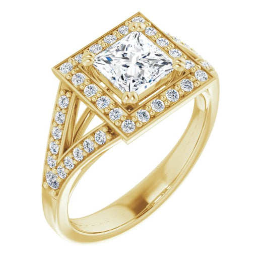 10K Yellow Gold Customizable Cathedral-set Princess/Square Cut Style with Accented Split Band and Halo