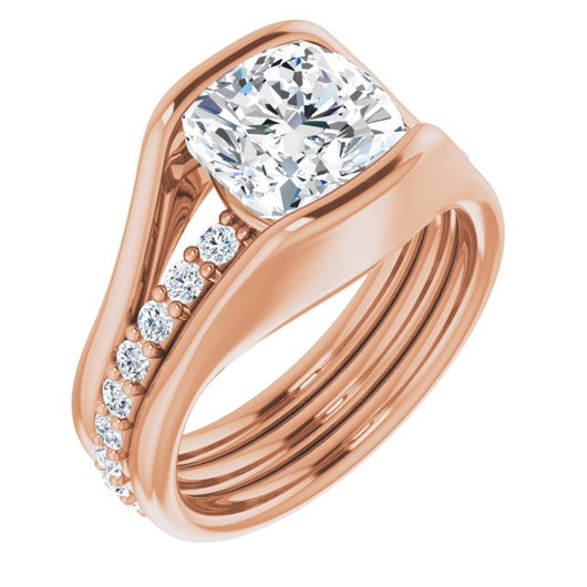 10K Rose Gold Customizable Bezel-set Cushion Cut Style with Thick Pavé Band