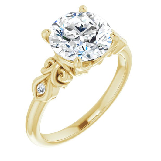 14K Yellow Gold Customizable 3-stone Round Cut Design with Small Round Accents and Filigree