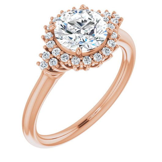 10K Rose Gold Customizable Round Cut Cathedral-Halo Design with Tri-Cluster Round Accents