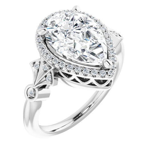 10K White Gold Customizable Cathedral-Crown Pear Cut Design with Halo and Scalloped Side Stones