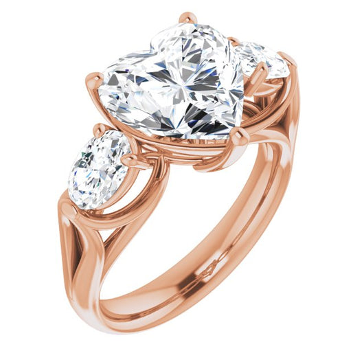 10K Rose Gold Customizable Cathedral-set 3-stone Heart Cut Style with Dual Oval Cut Accents & Wide Split Band