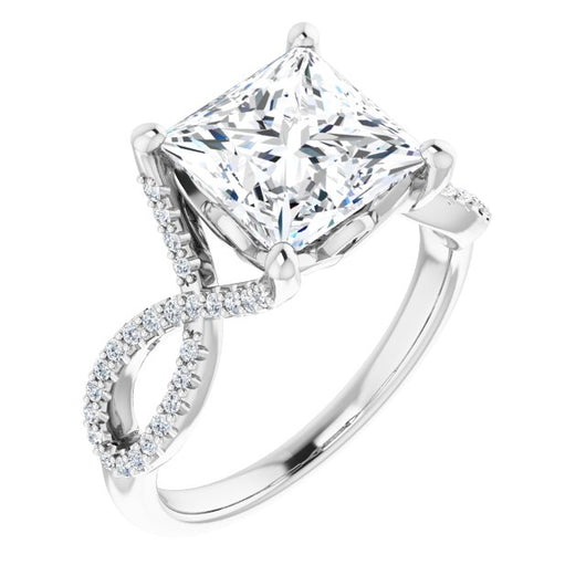 10K White Gold Customizable Princess/Square Cut Design with Twisting Infinity-inspired, Pavé Split Band