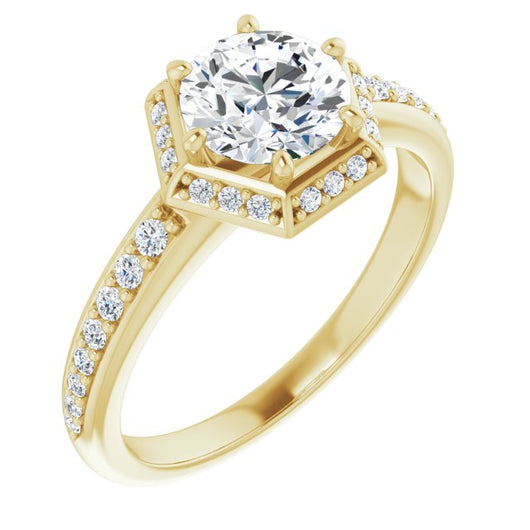 10K Yellow Gold Customizable Round Cut Design with Geometric Under-Halo and Shared Prong Band