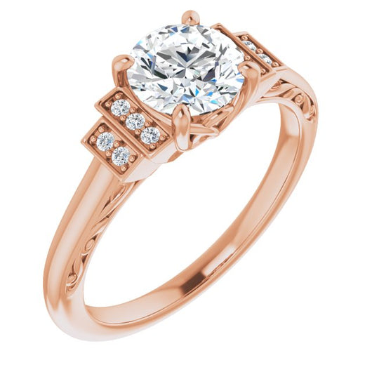 10K Rose Gold Customizable Engraved Design with Round Cut Center and Perpendicular Band Accents