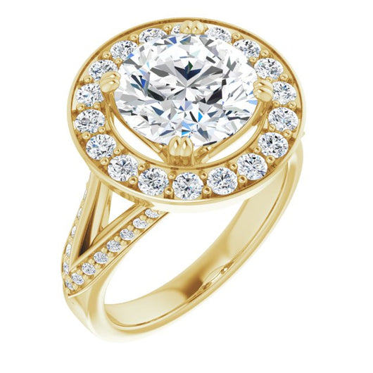 10K Yellow Gold Customizable Round Cut Center with Large-Accented Halo and Split Shared Prong Band