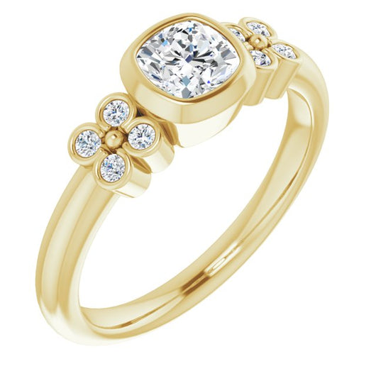 10K Yellow Gold Customizable 9-stone Bezel-set Cushion Cut Design with Quad Round Bezel Side Stones Each Side