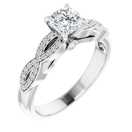 10K White Gold Customizable Cushion Cut Design featuring Infinity Pavé Band and Round-Bezel Peekaboos