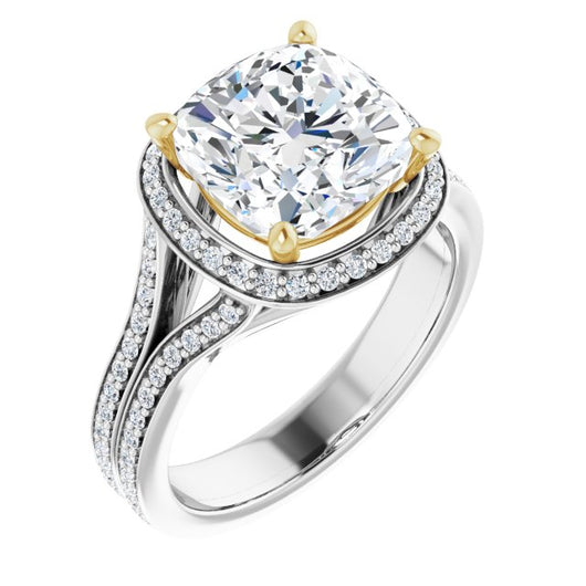 14K White & Yellow Gold Customizable Cathedral-raised Cushion Cut Setting with Halo and Shared Prong Band