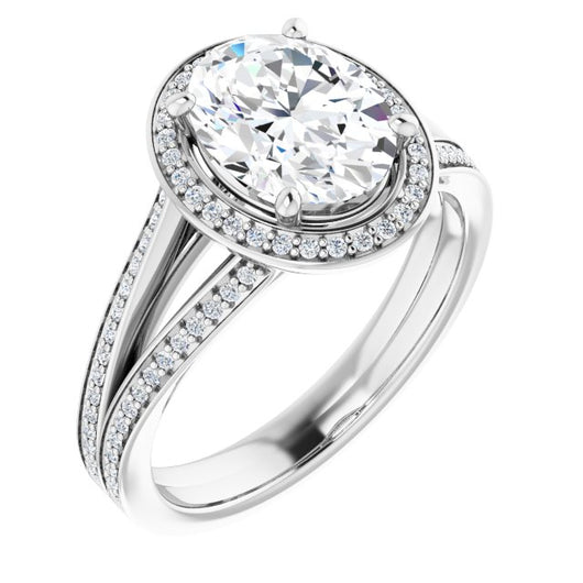 10K White Gold Customizable Oval Cut Design with Split-Band Shared Prong & Halo