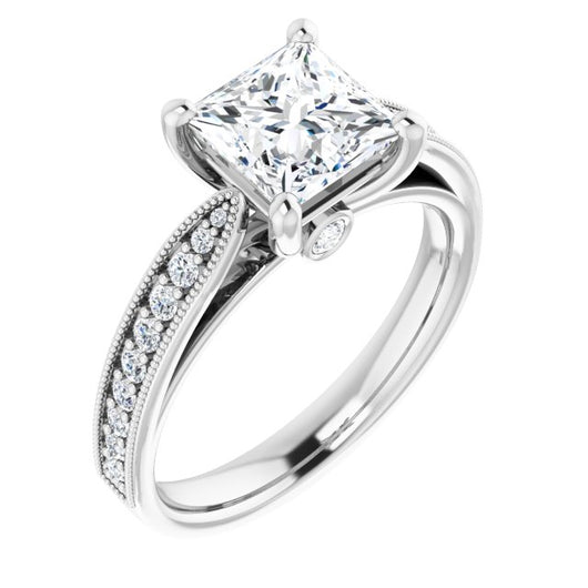 10K White Gold Customizable Princess/Square Cut Style featuring Milgrained Shared Prong Band & Dual Peekaboos