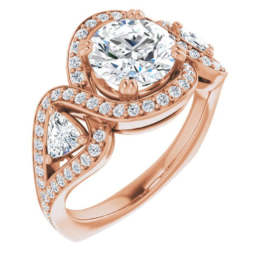 10K Rose Gold Customizable Round Cut Center with Twin Trillion Accents, Twisting Shared Prong Split Band, and Halo